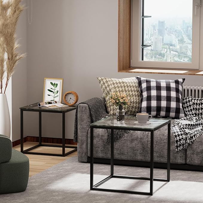 Garden 4 you Coffee Table Set of 2, Modern Glass Nesting Table, Metal Frame Square Center Table Set, Side Tables, Nesting Coffee Table for Living Room, Bedroom and Small Spaces, 19.7in Black