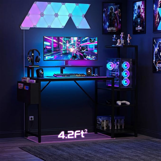 Apicizon 43 Inch Gaming Desk with LED Setup Style, Computer Desk with Storage Shelves & Monitor Stand, Reversible Workstation for Small Space, Home Office Desk Black