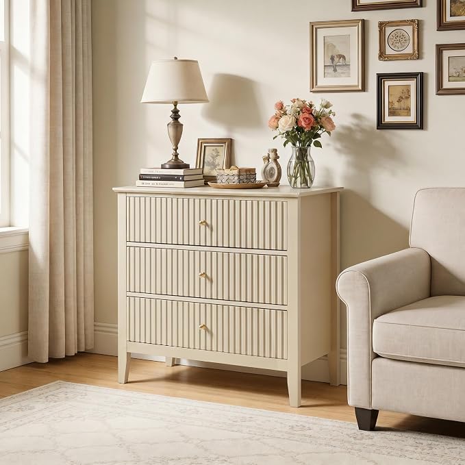 RoyalCraft Beige Fluted 3 Drawer Dresser, 32 inch Wide Dresser Nightstand for Bedroom, Modern Wood Chest of Drawers, Large Painted Nightstand with 3 Drawers for Closet, Hallway, Entryway