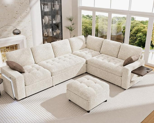 Vipbear 7 Seat L Shaped Modular Sectional Sleeper Sofa Bed with Ottoman/Pull Out Bed/Reclining Backrest/USB Ports/Table/LED Light/Storage Seat, Tool-Free Assembly, Chenille Beige