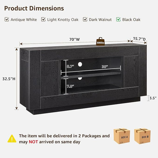 OKD Modern 70" TV Stand, Entertainment Center for TVs Up to 80", Media Console with Large Open Storage & Side Cabinets, Thick Wood Design for Living Room, Black Oak