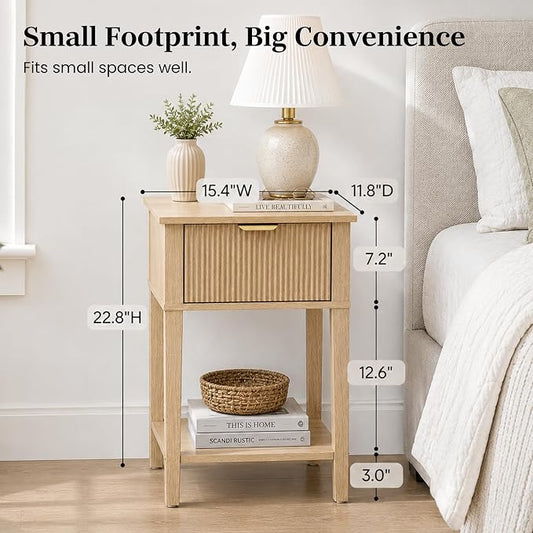 Natural Oak 15" Wide Small Nightstand with Drawer, Open Shelf, Fluted | Light oak tone, ribbed fluted front, 11.8-inch slim depth, concealed storage, airy fit for bedside, sofa side, or chair side
