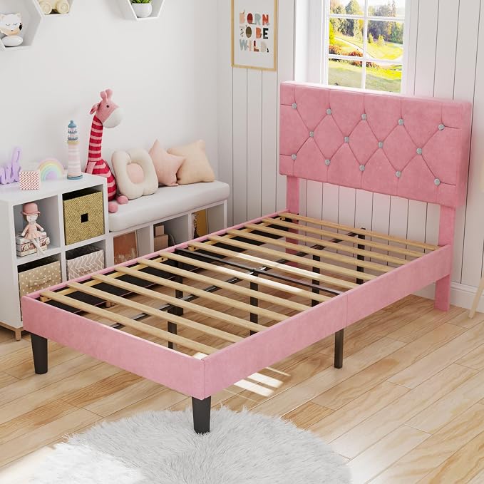 VECELO Twin Size Bed Frame with Diamond Tufted Headboard, Upholstered Platform Bedframe with Wood Slat Support, No Box Spring Needed, Velvet & Pink