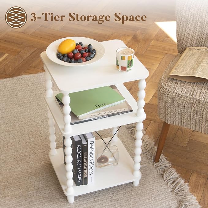 Fultyle End Table, Small Side Table with 3 Tier Open Shelf, Modern Night Stand Bedside Table for Living Room, Bedroom, Office and Small Spaces (White)