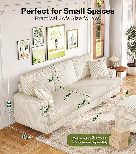 87in Corduroy Couch, Kidirect Sofa No Tool Assembly, Comfy Couches for Living Room 21in Deeper Seats, Corduroy Sofas for Living Room with 2 Pillows, Oversized Loveseat Sofa, Boho Love Seat Beige Couch