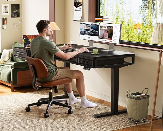 OffiGo L Shaped Electric Standing Desk with Wooden Drawers, 55 Inch Height Adjustable Corner Workstation with Power Outlets, Sit Stand Table for Home, Office, Black