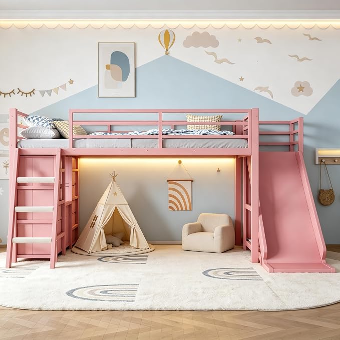 Bellemave Twin Loft Bed with Slide & Ladder, Metal Kids Loft Bed with Storage Drawers & LED Lights, Low Loft Bed Twin Size with Wood Wardrobe & Bookcase, Loft Bed for Kids Teens, Pink