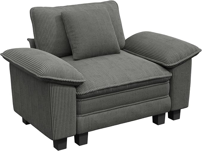 PHI VILLA Oversized Single Sofa Chair with Deep Seat, Upholstered Reading Armchair Modern, 1 Seater Comfy Sofa Chair for Small Spaces Bedroom, Corduroy, Grey