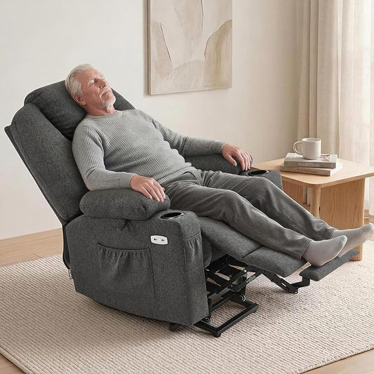 MCombo Power Lift Recliner Chair for Elderly, Lift Chair with Heat and Massage for Tall People, USB&Type C Ports, Extended Footrest, Cup Holders, Fabric 7516 (Large,Dark Grey)