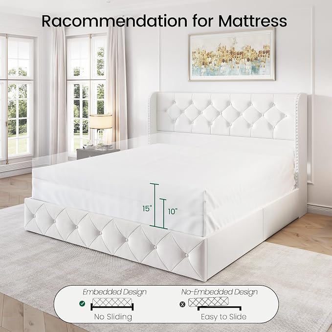 LARMACE Queen Size Bed Frame with 4 Storage Drawers and 47.2" Tall Wingback Headboard Velvet Upholstered Platform Bed Frame Tufted Beds with Wooden Slats Support, Easy Assembly, White