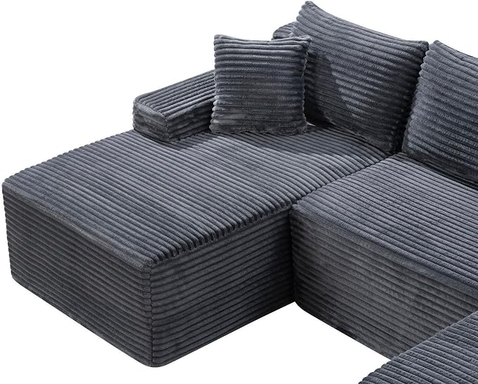 95-Inch U-Shaped Left Facing Corner Compressed Sofa Modular Sectional Boneless Cloud Sofa Floor Foam Couch W/Chaise Lounge & Ottoman, Corduroy Corner Boneless Cloud Couch