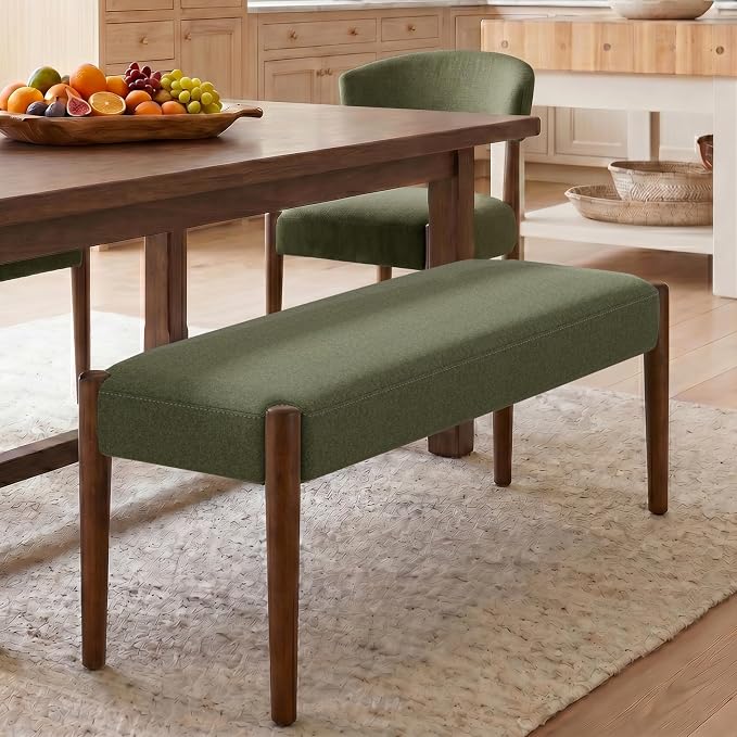 Usaint 42" End of Bed Bench, Modern Upholstered Bedroom Bench with Rubberwood Legs, Entryway Bench with Cushion, Dining Bench for Living Room, Bedroom, Dark Green with Walnut Leg