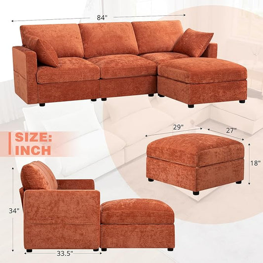 84” Chenille 3-Seats Sofa W/Movable Ottoman, Orange | Modern Fabric L-Shaped Couch w/Soft Backrests, Upholstered Sectional Sofa w/Arm Pillows for Living Room