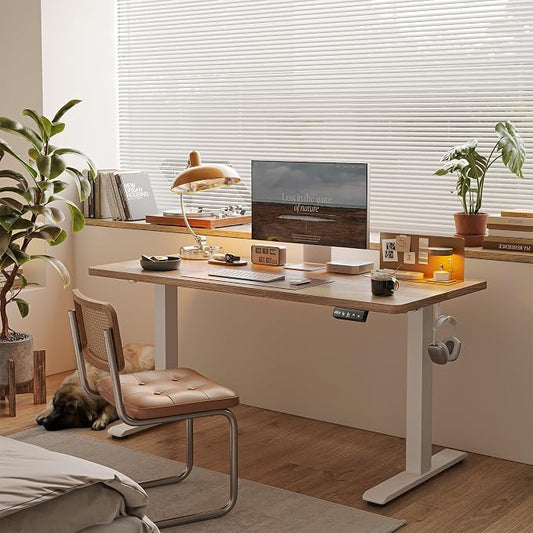 TIQLAB Electric Height Adjustable Standing Desk 47.2×23.6 inch, Sit Stand Desk for Work, Study, Memory Controller, White Frame & Maple Top Computer Workstation for Home Office