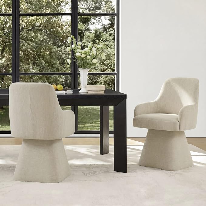 KISLOT Swivel Dining Chairs Set of 4, Mid Century Modern Chairs Fabric Upholstered Armchair with Armrest & Ergonomic Backrest for Dining Room, Kitchen, Bedroom, Living Room, Sand, 4 Boxs
