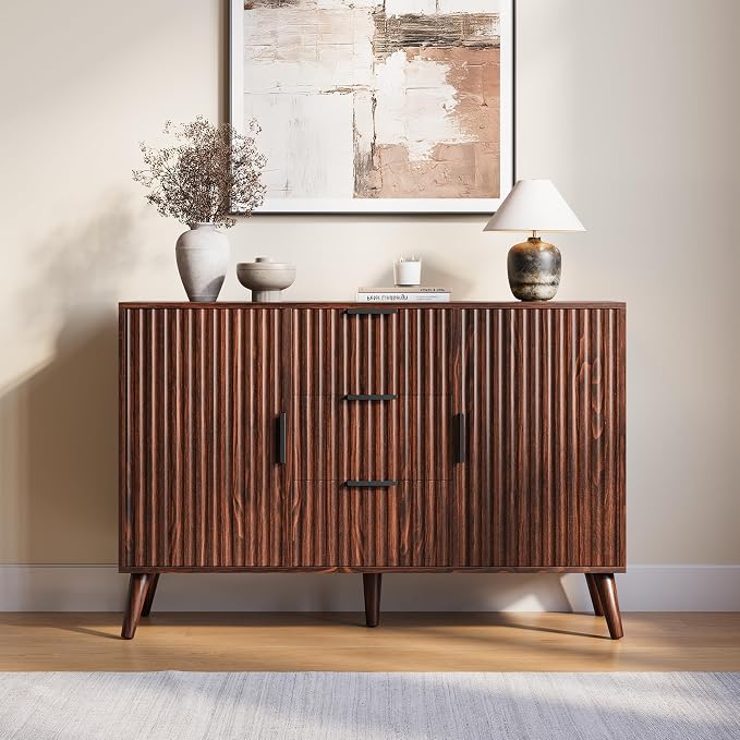 47.2" Fluted Sideboard Buffet Cabinet with 3 Drawers, Walnut Modern Buffet Cabinet with Storage, Large Storage Cabinets with 2 Doors Accent Credenza for Living Room|Kitchen|Entryway