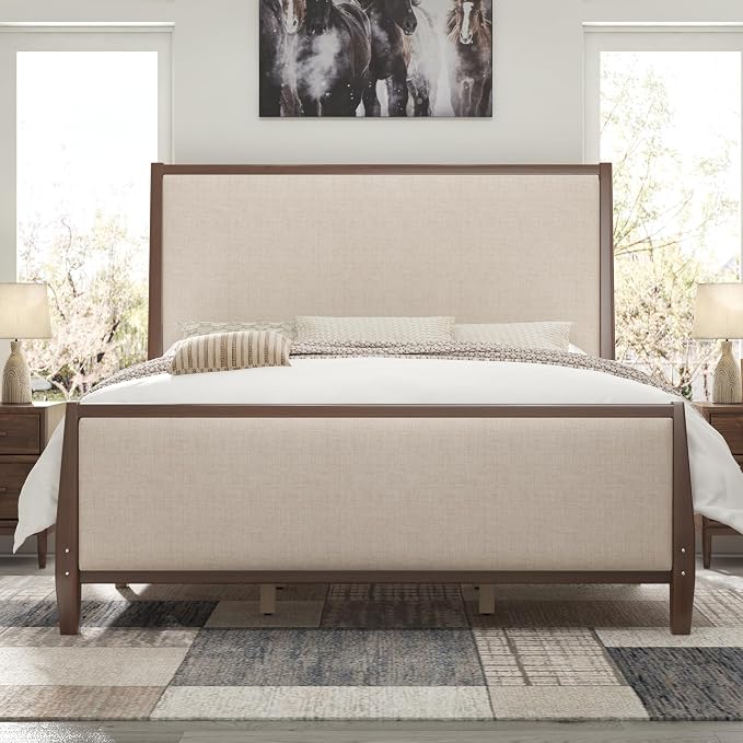 Jocisland 58" Tall Solid Wood Queen Bed Frame with Upholstered Headboard & Footboard, Wooden Platform Bedframe, No Box Spring Needed, Easy Assembly, Modern Farmhouse Style, Dark Walnut