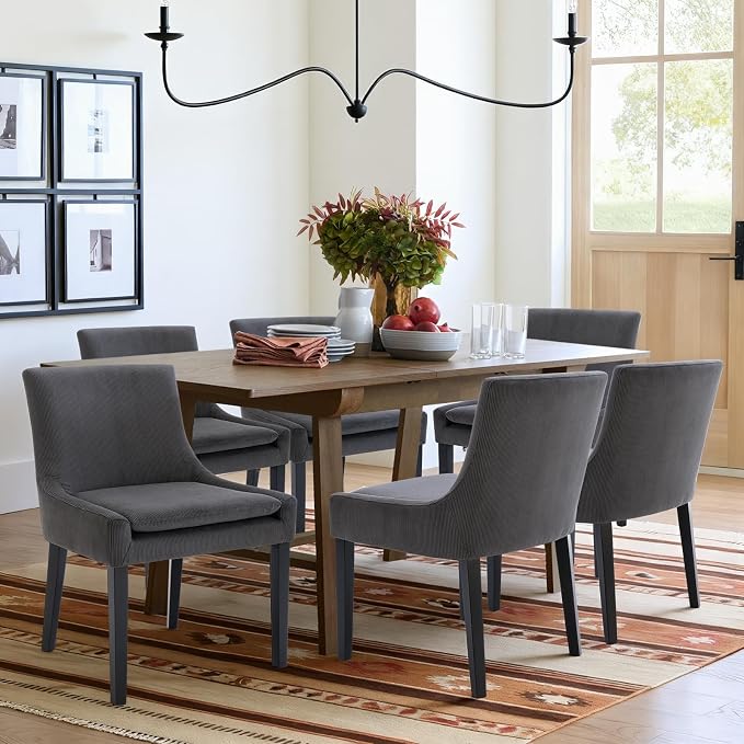 COLAMY Modern Dining Chairs Set of 4, Upholstered Corduroy Accent Side Leisure Chairs with Mid Back and Wood Legs for Living Room/Dining Room-Grey