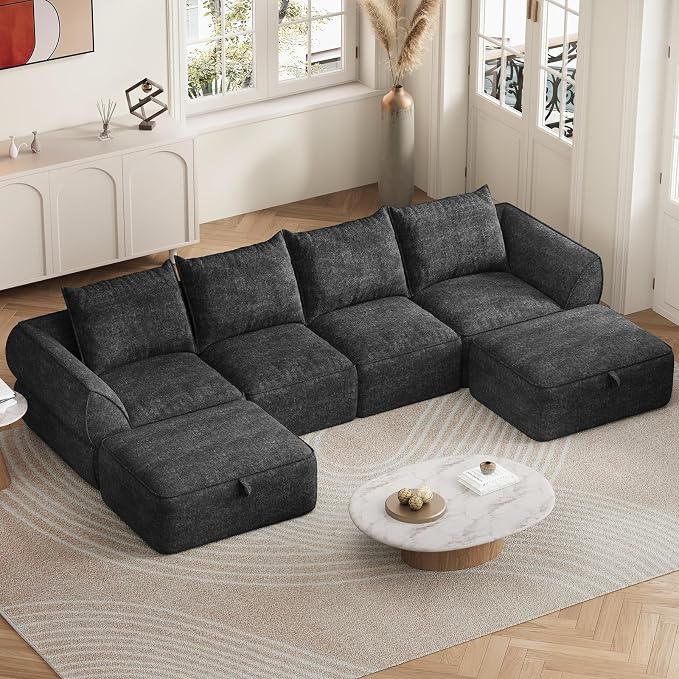 132" Modular Sectional Sofa with Deep Seat, U-Shaped Cloud Couch for Living Room, 4-Seater Boneless Sofa with 2 Ottomans, Flexible Combination Modern Upholstery Sofa, No Assembly Required, Dark Gray