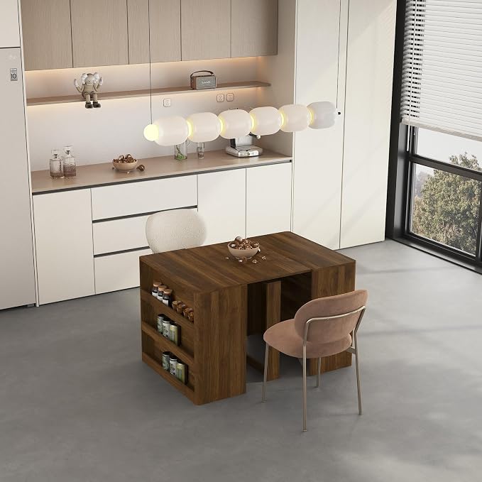 Extendable Foldable Dining Room Table for 1-12 People, Wood Multifunctional Rectangle Expandable Console Kitchen Living Meeting Room Furniture, Walnut
