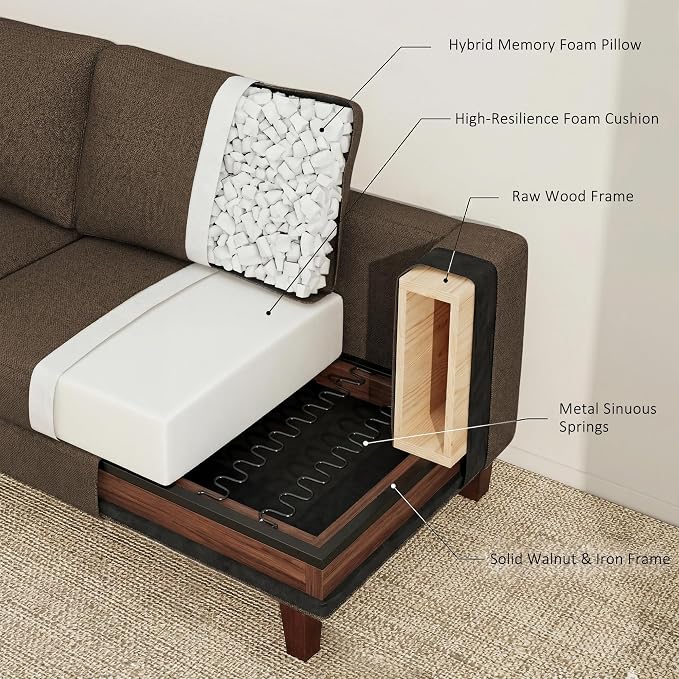 Gericco Mid Century Modern Couches for Living Room, 89" Comfy Brown Couch Sofa with 3-Seater Deep Seats, Upholstered Sofas for Living Room, Office Apartment, Bedroom