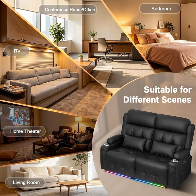 Power Reclining Loveseat with Massage & Heat,Wall Hugger Loveseat Recliner with LED Lights,USB & Type-C Ports, Ideal for RV, Home Theater and Living Room,Black,2 Seats
