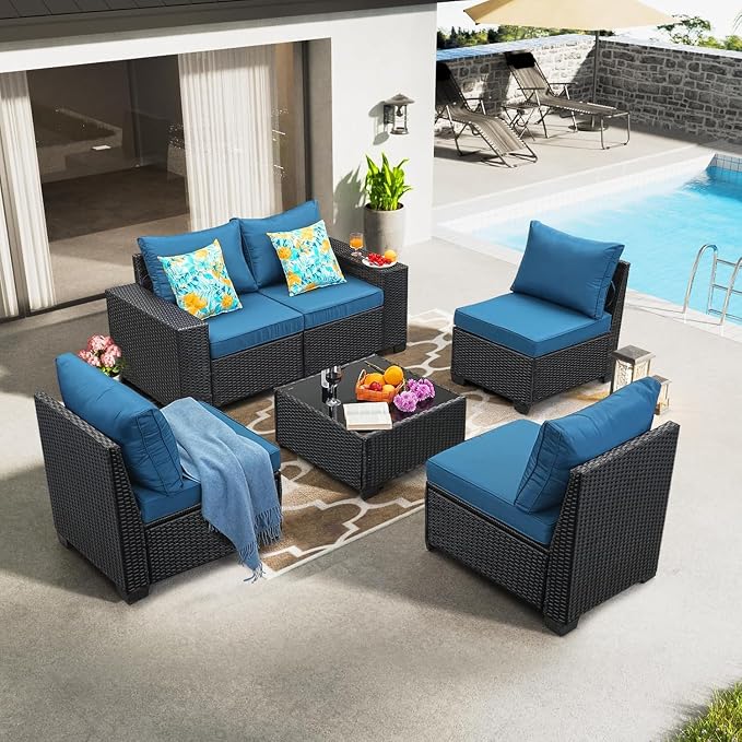 Jing's Villa 6-Piece Patio Furniture Set, All-Weather Outdoor Wicker Sectional Sofa with Cushions,Glass Table & Left and Right Armrest, Rattan Conversation Seating for Porch, Backyard,Peacock Blue