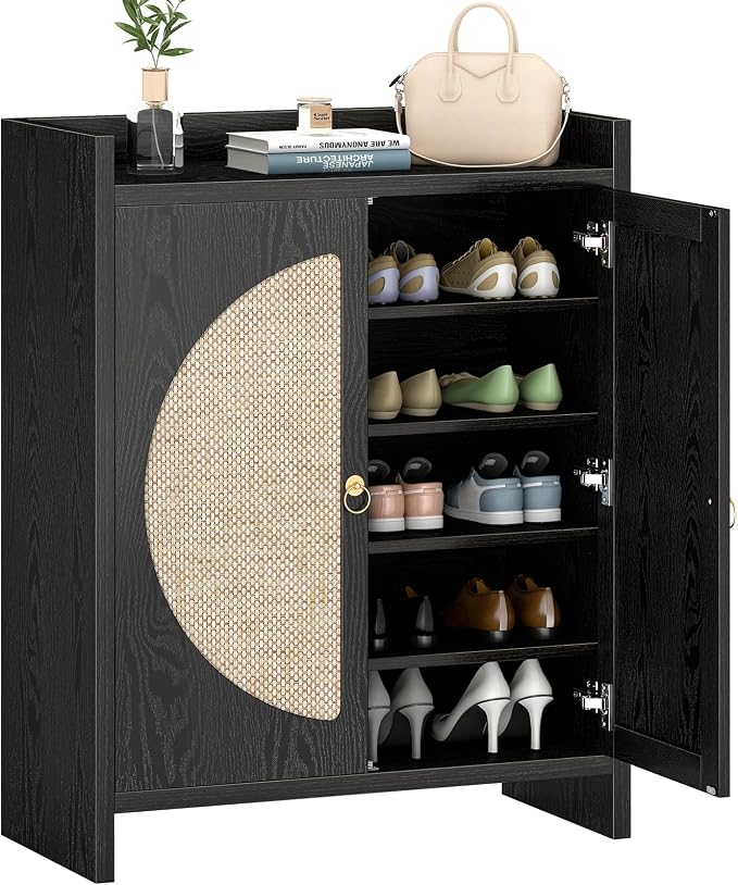 Shoe Cabinet Storage for Entryway - Rattan Entry Way Shoe Storage Cabinet with Adjustable Shelves, Wood Shoe Organizer Cabinet, Accent Cabinet with Doors for Entrance Hallway Living Room Foyer