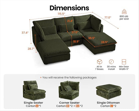 115" Oversized Corduroy Couch Modular Sectional Sofa, Washable Cloud Couch Sectional with 2 Ottoman, 5 Seater Sectional Couches for Living Room, Fully Cover Removable, U Shaped, Corduroy, Green