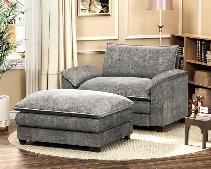 Homall 40" Modular Sectional Sofa, Single Sofa Couch with Reversible Ottoman, DIY Combination Chenille Deep 1-Seat Cloud Couch for Living Room, Apartment (Light Grey, Single Sofa Chair)