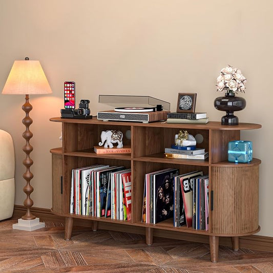 LUVIOHOME Large Round Record Player Stand with Charging Station & USB Ports,Record Storage Cabinet, Mid Century Modern Turntable Stand for Bedroom Living Room (Walnut)