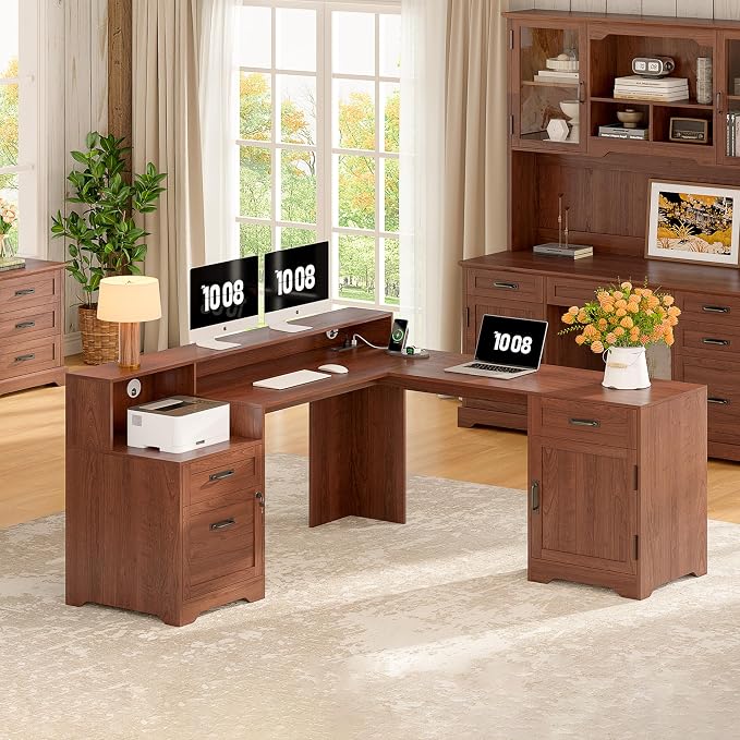 Whalefall 63'' Farmhouse L Shaped Desk with Monitor Stand Shelves, Brown | Corner Computer Desk with Drawers, Executive Home Office L Desk with File Cabinet Storage and Charging Station
