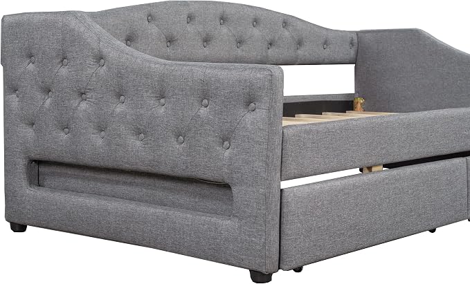Merax Twin XL Size Modern Upholstered Platform Bed with 2 Drawers, Linen Sofa Daybed with Wood Slat Support, Storage Bed Frame, Space Saving/Gray