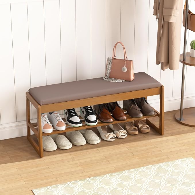 Shoe Storage Bench with Cushion - 2-Tier Shoe Rack Entryway Bench with Flip-Top Storage, Walnut Wooden Shoes Benches Organizer for Entryway, Hallway, Living Room, Bedroom, Closet(Walnut, 39.4" W)