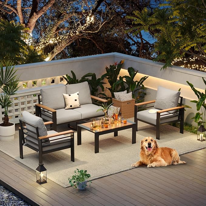 Aoxun Aluminum Patio Furniture Set 4 Seats, Oversized Outdoor Sectional with Washable Thick Cushions, Coffee Table, Patio Conversation Sets for Porch, Balcony, Deck