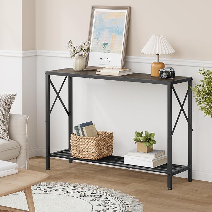 Tajsoon Industrial Console Table 41.8", 2 Tier Entryway Table with Storage Shelves, Narrow Sofa Table with Stable X-Frame, for Living Room, Hallway, Foyer, Office, Dark Grey
