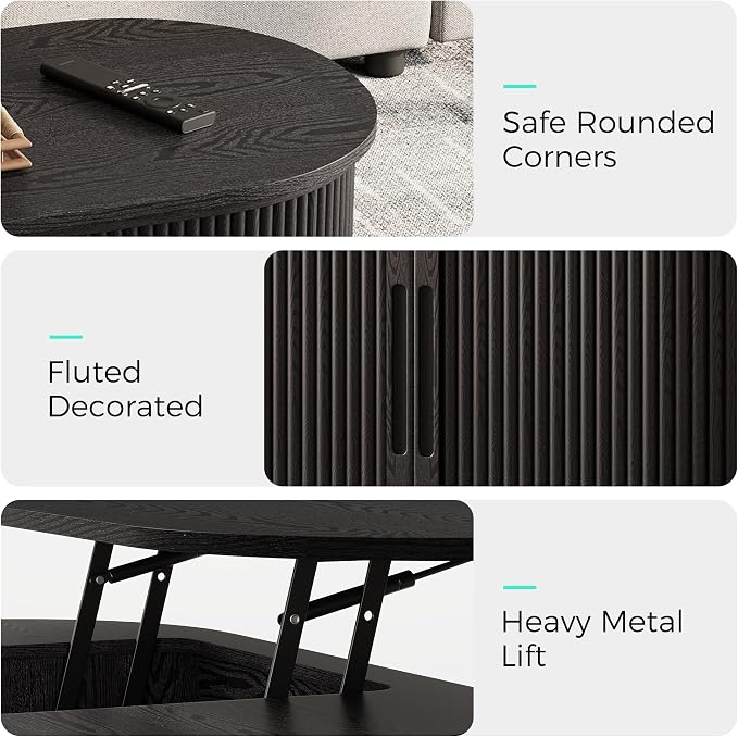 LINSY Lift Top Coffee Table, Oval Fluted Coffee Table with Storage, Mid Century Modern Wooden Coffee Tables with Sliding Tambour Door, 39" Center Table for Living Room, Office, Small Space, Black