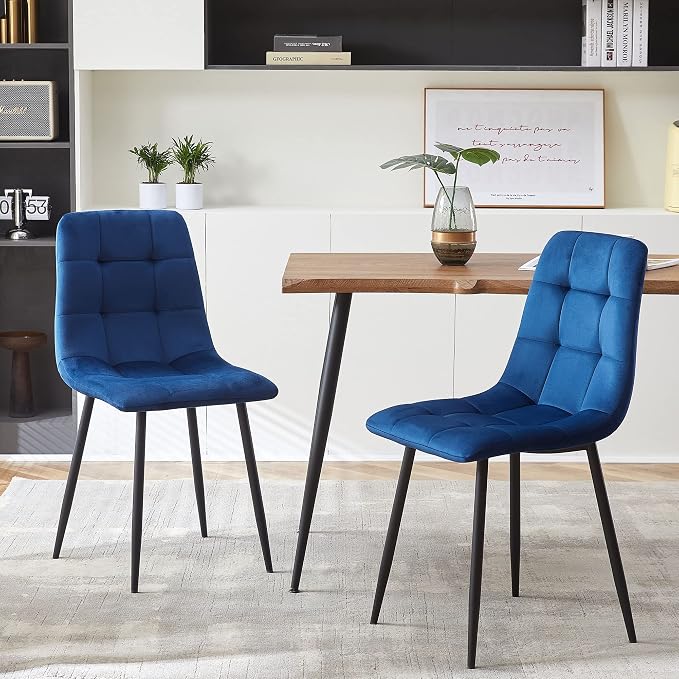 NORDICANA Navy Blue Velvet Dining Chairs Set of 6, Upholstered Tufted Kitchen Chairs, Comfortable Seat, Metal Leg, Easy Assembly