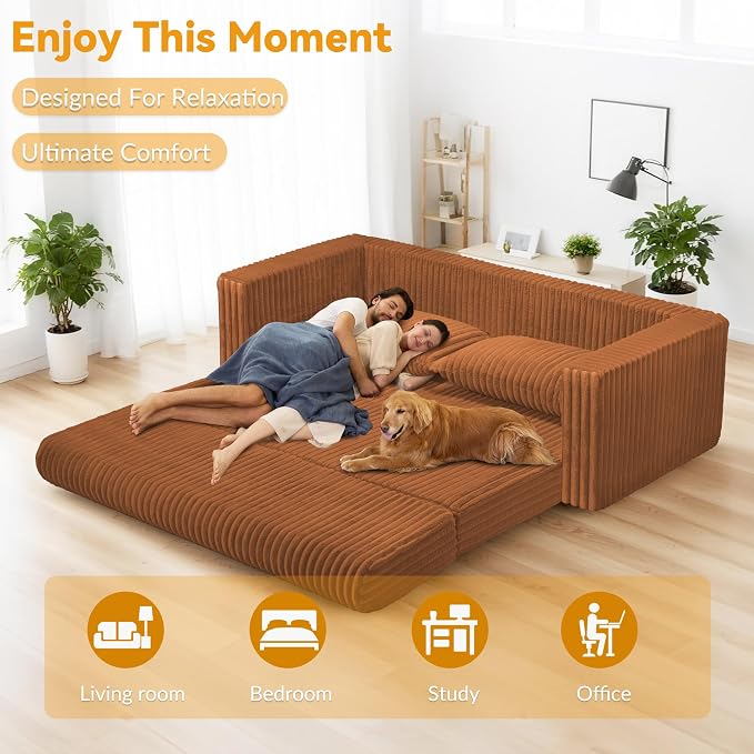 HABUTWAY 68" Loveseat Boneless Couch, 4-in-1 Convertible Sofa Bed, Plush Fur Folding Futon Sofa Bed Couches with 2 Pillows for Living Room, High-Density Foam Support, No Assembly Required, Orange