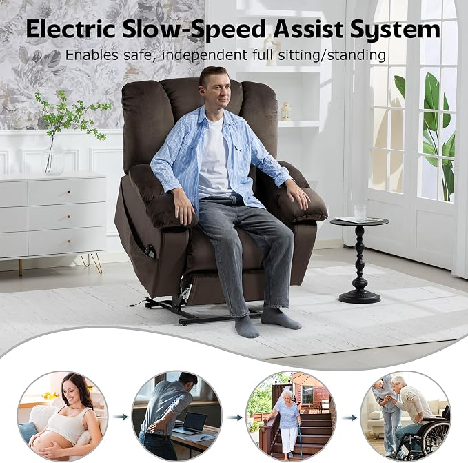 JIKFRIMA Big Man Recliner 500lbs Power Lift Recliner Chair for Big Tall Elderly Adults Oversized Lay Flat Lift Recliner with Extended Footrest,Heat Massage,Flip Arm Storage Cup Holders,USB Type C