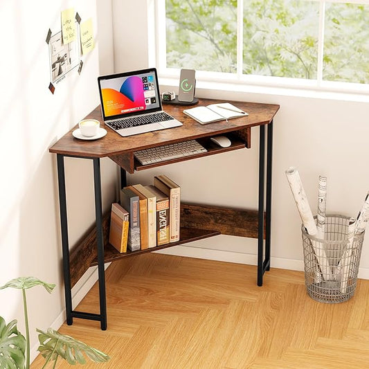 Tangkula Corner Desk with Keyboard Tray, 90-Degree Triangle Corner Computer Desk for Small Space, Industrial Writing Desk with Storage Shelf, Space-Saving Laptop PC Desk (Rustic Brown)