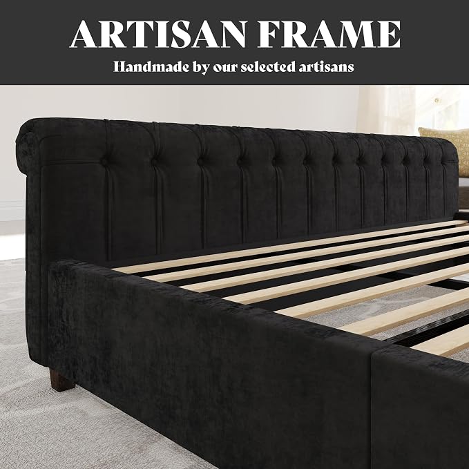 AMERLIFE California King Size Platform Bed Frame, Velvet Upholstered Sleigh Bed with Scroll Wingback Headboard & Footboard/Button Tufted/No Box Spring Required/Black