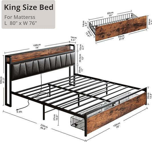 LIKIMIO King Size Bed Frame with 2 Drawers and Charging Station | Platform Bed with Upholstered Storage Headboard, No Box Spring Needed, Easy Assembly, Sturdy, Vintage Brown and Black