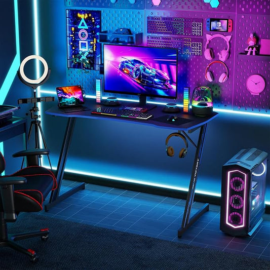 BestOffice 39" Gaming Desk Computer Gaming Desk Z Shaped Gaming Workstation Ergonomic Gaming Table with Headphone Hook for Game Players,Black&Blue