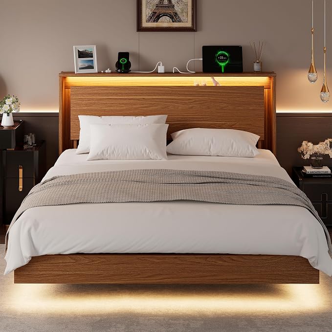 Full Size Bed Frame with LED Lights & Charging Station – Kids Wood Floating Bed Frame with Storage Headboard, Adhesive Slats, Kick-Free & Noise-Free Design, Easy Assembly, Walnut