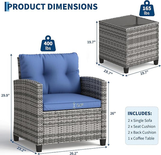 GarveeLife 3 Pieces Patio Furniture Set, PE Rattan Patio Conversation Set with Tempered Glass Tabletop, Outdoor Wicker Chairs and Table Set for Patio Balcony Garden, Grey & Blue