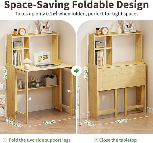 Bamboo Folding Desk for Small Spaces with Storage, Mid Century Foldable Desk with Bookshelf, Small Desks with Storage for Home Office Bedroom, Natural
