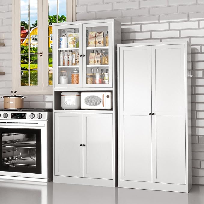 Kitchen Pantry Cabinet, 72" H Storage Cabinet with Glass Doors and Adjustable Shelves, Spacious Cupboard with 2 Handles, Metal Kitchen Cabinet for Dining Room, Living Room, White