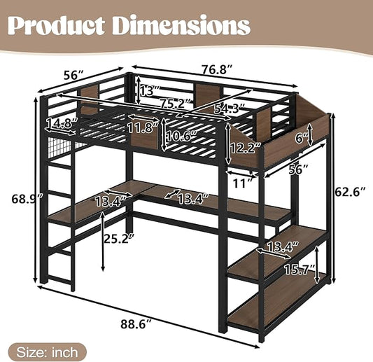 Bellemave Full Size Loft Bed with Desk and USB Ports, Clothes Hanging Rod, LED, Metal Full Loft Bed Frame for Adults, Kids, Teens, Black