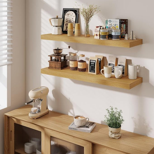 Fun Memories Floating Shelves Set of 2, 40 Inch Long Wooden Wall Shelves, 10 Inch Deep Wall Mounted Storage Shelf with Metal Brackets for Living Room, Bathroom, Bedroom and Kitchen, Oak